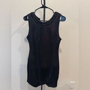 Black Sleeveless Asymmetrical Dress with Beaded Neckline
